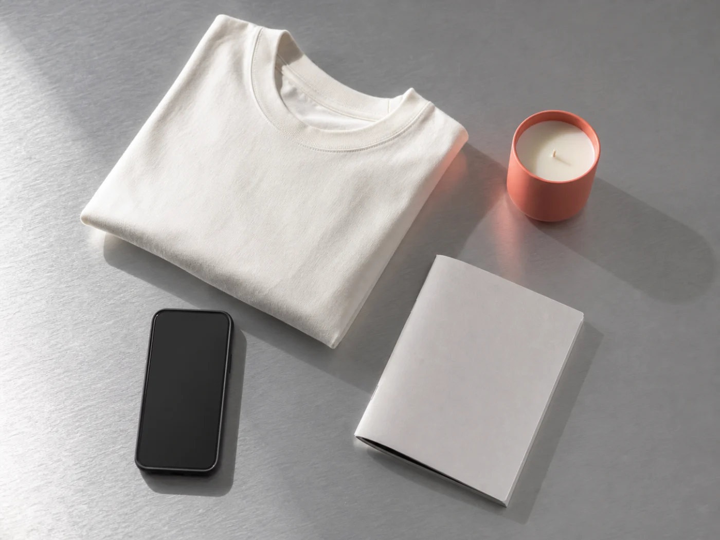 Shirt, Kerze, Fotobuch und Smartphone auf einem Metalltisch
